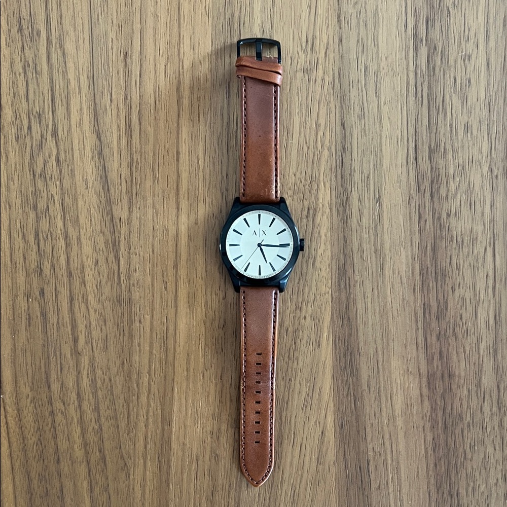 A/X Armani Exchange Black Case Watch with White Dial and Brown Leather Strap